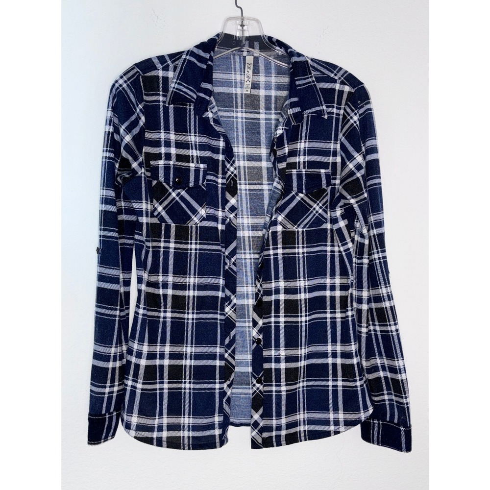 RnB‎ Plaid Button Down Shirt Navy Blue Black White Roll Tab Sleeve Womens Medium